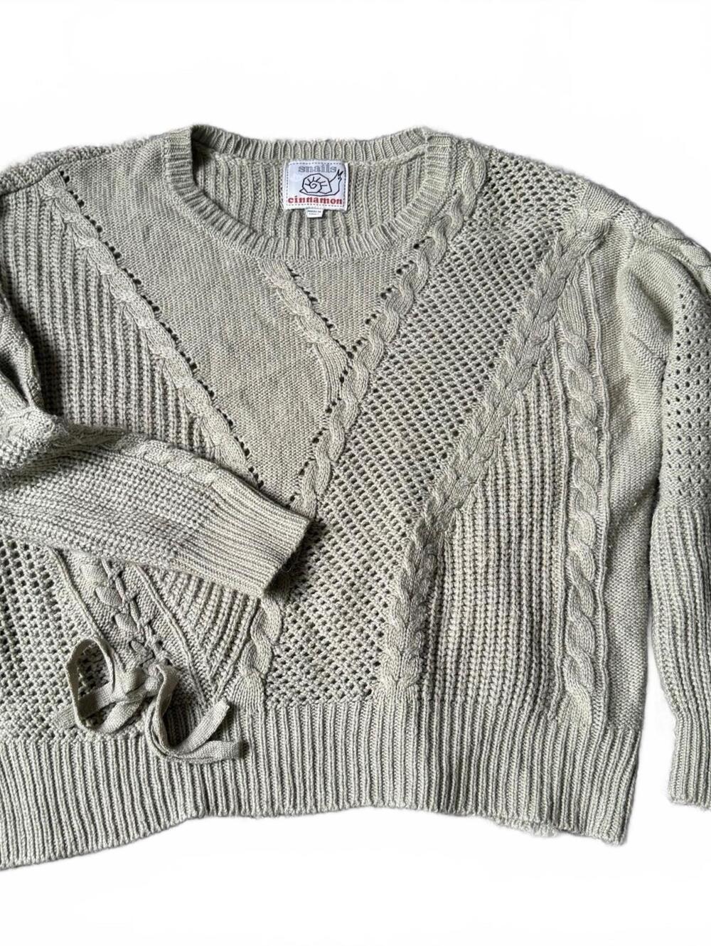 Snails Cinnamon Sage Green Cable Knit Sweater Size Large Distressed Sleeve